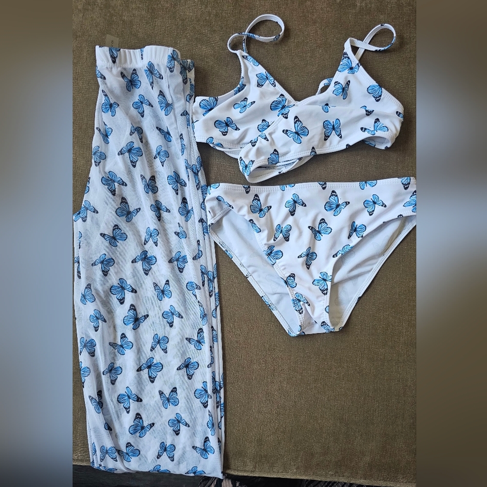 Tween Girl 3pack Butterfly Print Criss Cross Bikini Swimsuit With Pants